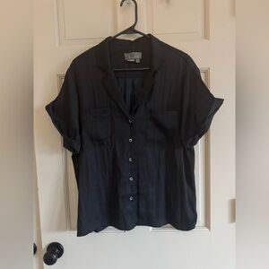 Anthropologie The Brenna Short Sleeve Button Down Shirt Black L